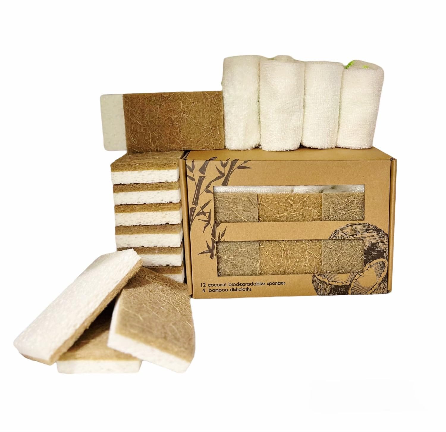 Natural Kitchen Sponge- Coconut Base Sponge and Bamboo Base Dishcloth Bundle