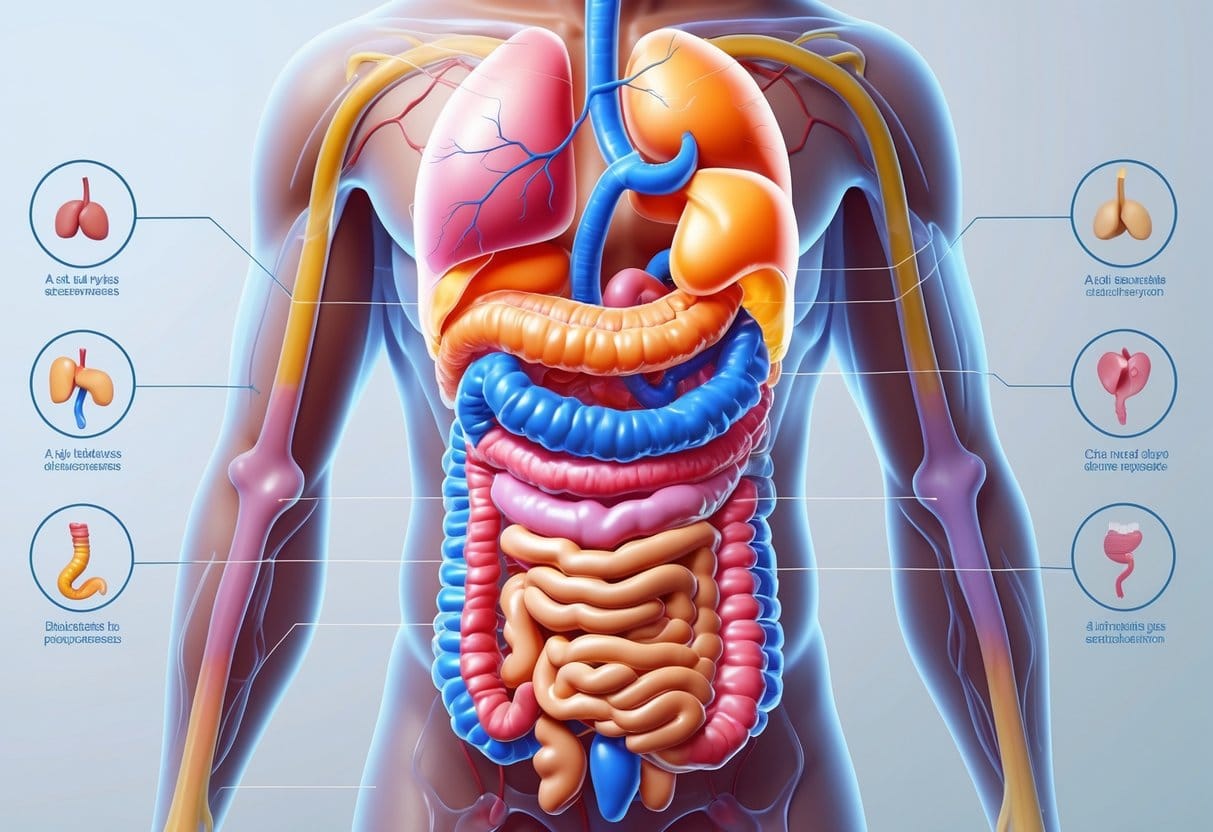 Illustration of a human torso showing the digestive system with highlighted organs and subtle icons representing digestive disorders.