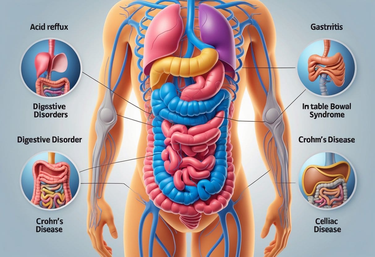 A human torso showing the digestive system with highlighted areas representing different digestive disorders.