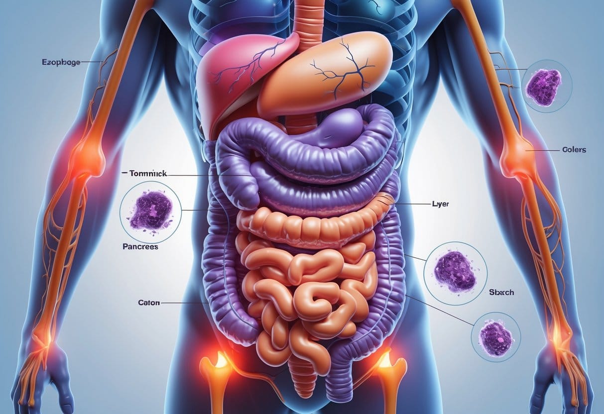 Illustration of the human digestive system highlighting areas affected by digestive cancers and disorders.