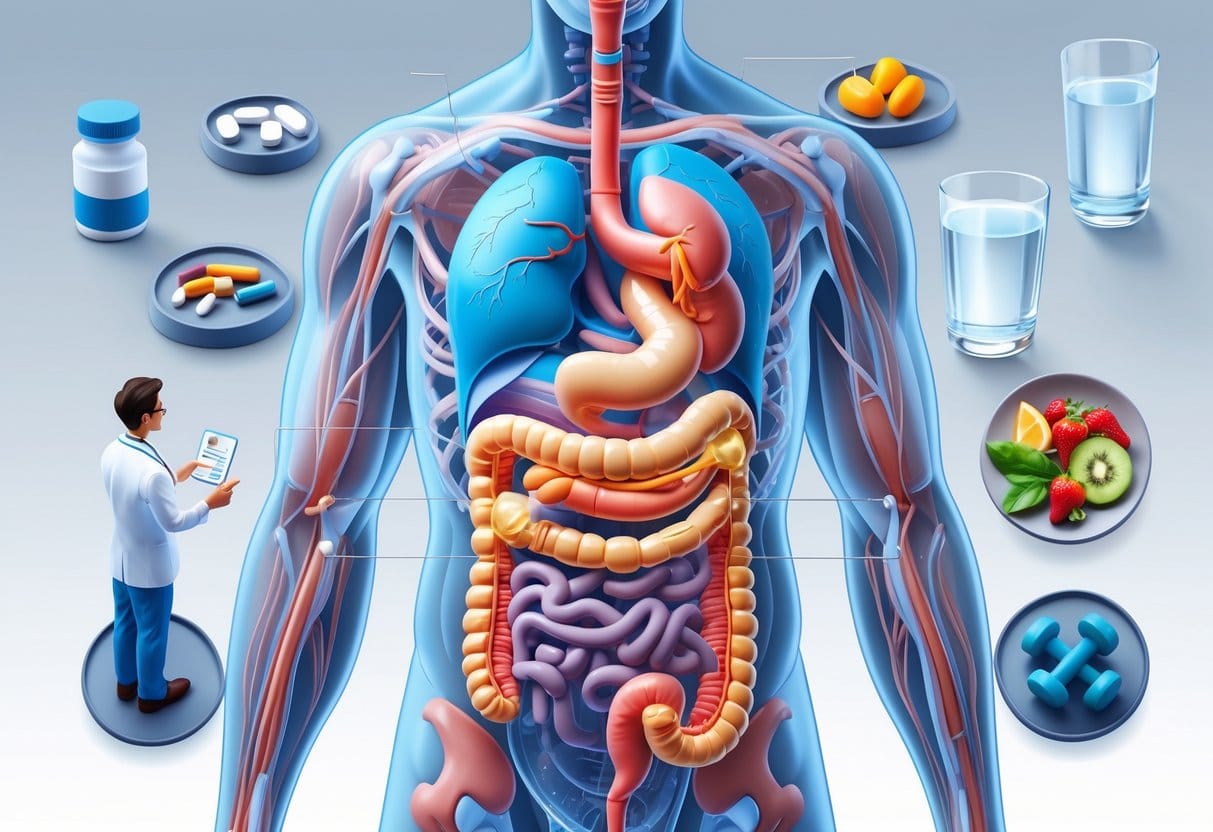 A human torso showing the digestive system with surrounding elements representing medical treatment, healthy diet, and exercise for managing digestive disorders.