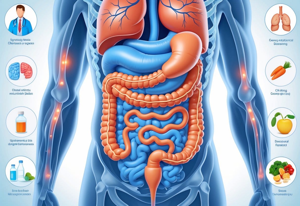 Illustration of the human digestive system showing organs and symptoms of digestive disorders, alongside visual representations of treatment options like medicine, healthy food, and a doctor consultation.