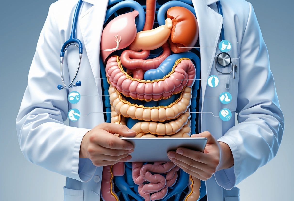 Illustration of the human digestive system with a doctor reviewing treatment options nearby, surrounded by icons representing digestive disorder symptoms.