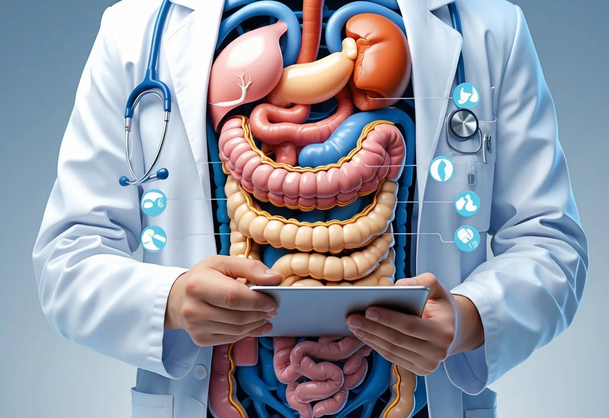 Illustration of the human digestive system with a doctor reviewing treatment options nearby, surrounded by icons representing digestive disorder symptoms.
